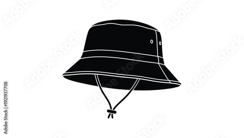 Black bucket hat silhouette with a chin strap for fashion, travel, sun protection, and outdoor adventure accessory concepts.