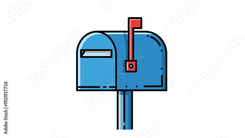 Classic blue metal mailbox with a red flag for mail delivery, postal service, and traditional communication concepts on white background.