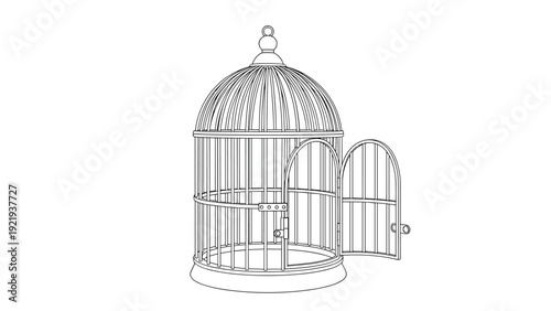 Vintage ornate birdcage line drawing with an open door for freedom, escape, and bird care concepts on plain white background.