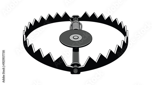 Circular metal animal trap with sharp teeth for hunting, security, and danger warning concepts isolated on plain white background.