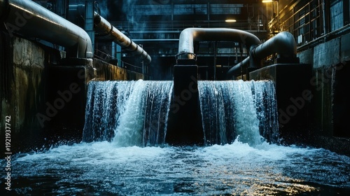 Industrial pipes discharging treated sewage water into a city harbor under dim, dynamic lighting