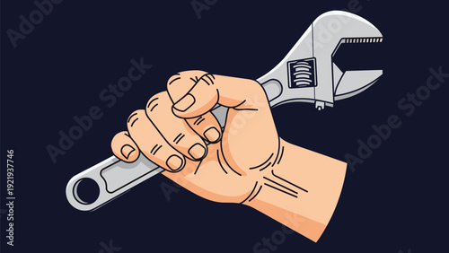 Hand holding a metal adjustable wrench for home repair, professional maintenance, and manual labor work concepts on dark background.