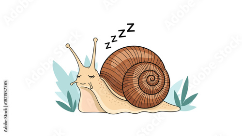 Cute snail character sleeping with a spiral shell and ZZZ bubbles for rest, nature, and garden wildlife cartoon concepts.