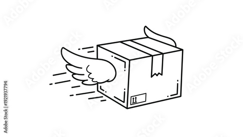 Cardboard delivery box with wings for fast shipping, e-commerce logistics, and express parcel service concepts on white background.