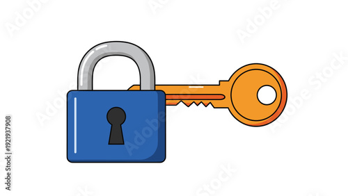 Closed blue padlock with a golden orange key for security, privacy, and access control safety concepts on white background.