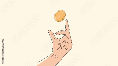 Human hand flipping a gold coin into the air to decide a outcome through luck or chance in a simple color illustration style.