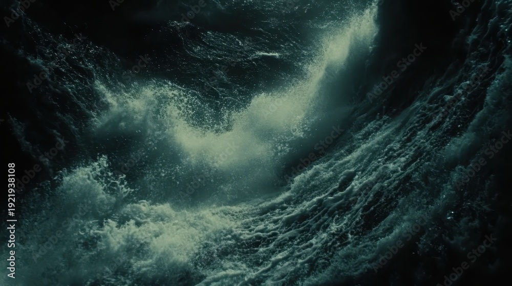 Fototapeta premium Massive ocean waves with crashing white foam and spray in a dark turbulent sea embodying natures raw power and untamed fury.