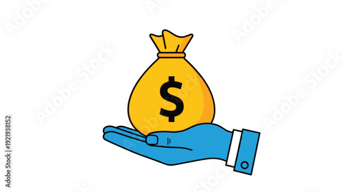 Blue hand holding a large yellow money bag with a black dollar sign representing wealth prosperity and financial success in a graphic style.