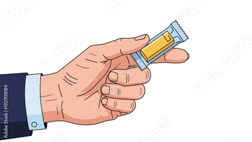 Hand wearing a suit sleeve holding a small wrapped piece of candy or chewing gum representing a sweet treat or quick snack in a office.