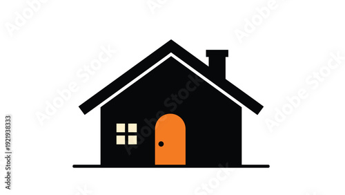 House icon silhouette with a bright orange door and a chimney representing residential property home and real estate markets.