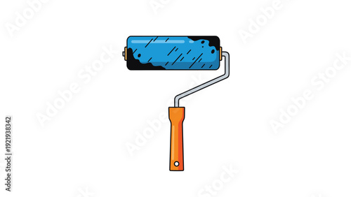 Professional paint roller with blue paint and a bright orange handle for home decorating renovation and interior design work.