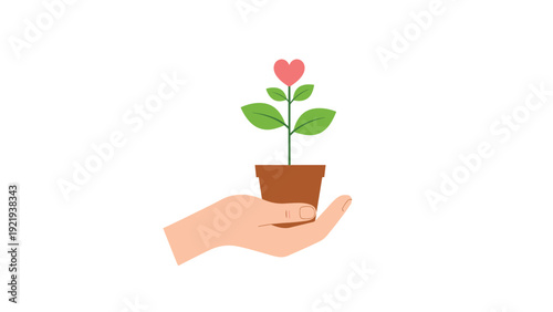 Human hand holding a small potted plant where one leaf is shaped like a heart representing love for nature and environmental care.