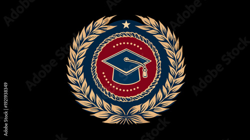 Circular emblem, mortarboard design with laurel leaves and star, on a black background