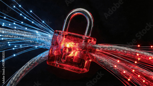 Ruby Glass Padlock Clamping Fiber Optic Data Cables in Low-Key Light