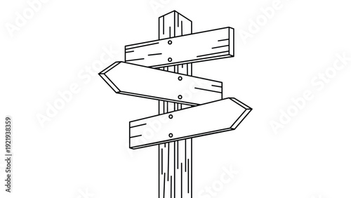 Wooden signpost with three arrow-shaped boards pointing in different directions isolated on a white background for design concepts.