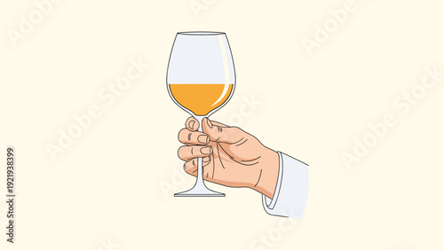 Sophisticated hand holding a wine glass filled with amber liquid against a pale background for celebration and dining concepts.