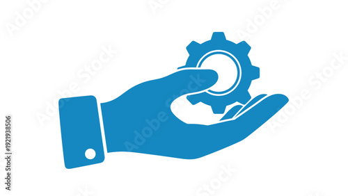 Blue silhouette of a hand holding a mechanical gear symbolizing technical support, teamwork, industrial management, and cooperation.