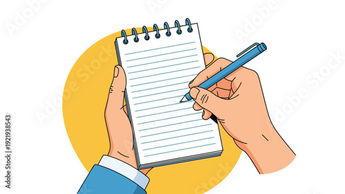 Human hand writing in a spiral notebook with a blue pen on a yellow circular background symbolizing education, work, and planning.