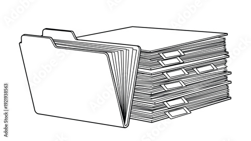 Stack of office file folders filled with documents shown in a line art style for organization, business, and archive concepts.