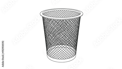 Wire mesh wastebasket or trash bin illustrated in a detailed line art style for office, cleaning, and waste management themes.