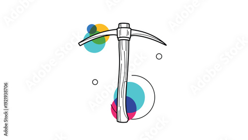 Pickaxe illustration with abstract colorful circles in the background representing mining, hard work, construction, and tools.