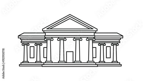 Classical architecture building with columns representing a museum, courthouse, bank, or government institution in line art.