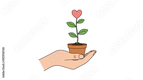 Hand holding a small potted plant with a heart-shaped pink leaf symbolizing environmental love, growth, and caring for nature.
