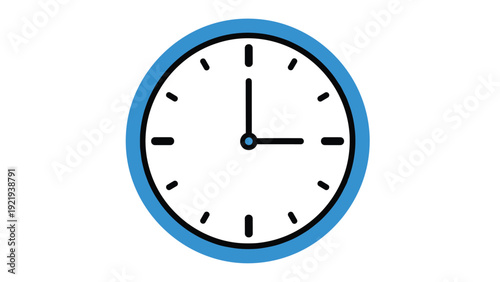 Blue wall clock showing the time at exactly three o-clock represented in a simple minimalist design for schedule concepts.