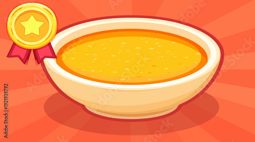 A cartoon-style depiction of a creamy soup in a bowl, accompanied by a golden medal with a star