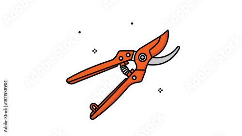 Orange pruning shears or garden clippers shown with abstract dots representing gardening, landscaping, and outdoor maintenance.