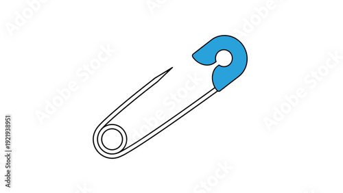 Blue safety pin is shown in an open position on a white background as a vector illustration representing sewing or infant care items.