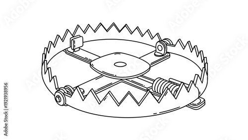 Steel bear trap with sharp teeth and spring mechanism is illustrated as a technical line drawing on a white background for concepts.