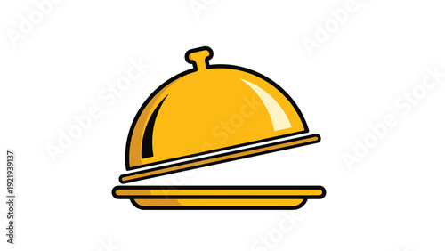 Golden cloche serving platter with a partially open lid is illustrated as a colorful vector graphic for luxury dining and service.