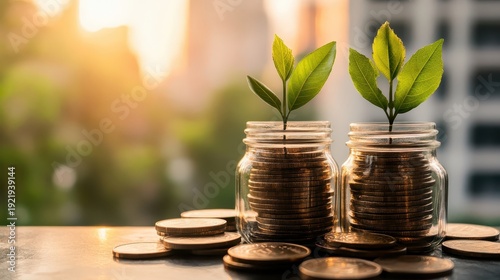 Green sprouts growing from stacks of coins in jars, symbolizing financial growth and investment success against a warm, blurred background.