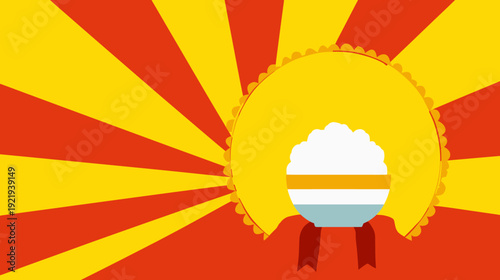 A vibrant graphic, featuring a sunburst design with a bowl of rice and a ribbon