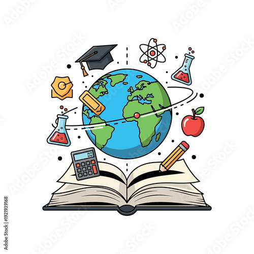 An open book with Earth illustration surrounded by education symbols and science elements in a colorful doodle style.