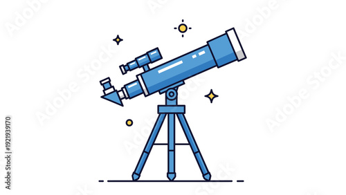 Blue telescope on a tripod stands under a starry night sky with cosmic symbols in this flat vector illustration for astronomy themes.