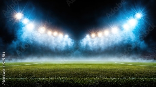Empty football stadium field with bright spotlights at night.