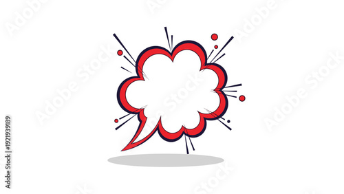 Comic book speech bubble with an explosion effect in red and white colors is shown as a dynamic vector graphic for expressive text.