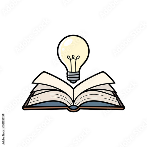 An open book with a glowing lightbulb on top symbolizes knowledge and inspiration.