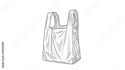 White plastic grocery bag with handles is depicted as a detailed line drawing on a white background for retail and shopping concepts.
