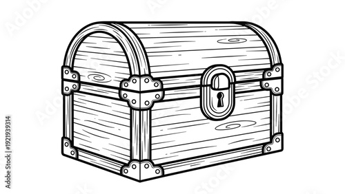 Ornate wooden treasure chest with metal reinforcements and a large keyhole shown in a detailed black and white line art drawing.