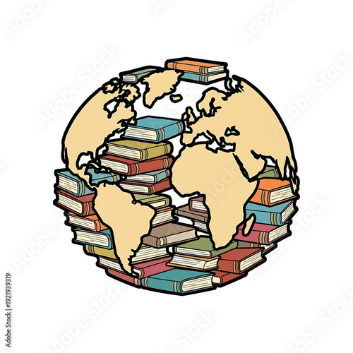 Colorful books stacked around a globe illustration representing global literature and education