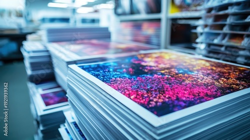 Stacks of Finished Printed Materials Showcasing Sharp Vivid Colors and Intricate Designs