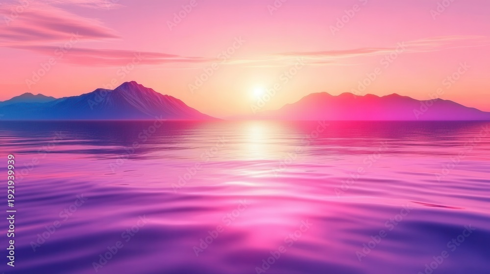 Obraz premium Vibrant Sunset or Sunrise Over Calm Waters and Majestic Mountains Creating Stunning Reflections
