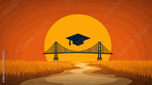 A bridge silhouette beneath a mortarboard amidst an orange sunset. A golden wheat field surrounds a path
