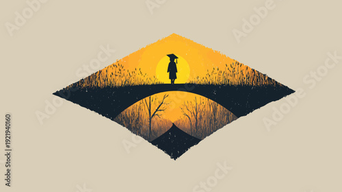 Silhouetted figure on a bridge, set against a sunset, encased in a diamond shape