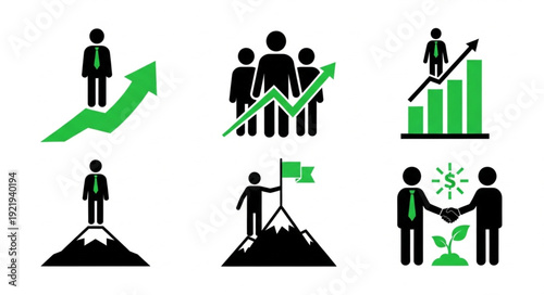 Business growth and success icons representing teamwork and achievement.
