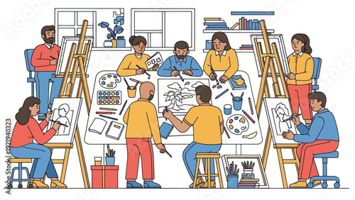 Diverse group of adults engaged in an art class, painting and drawing.