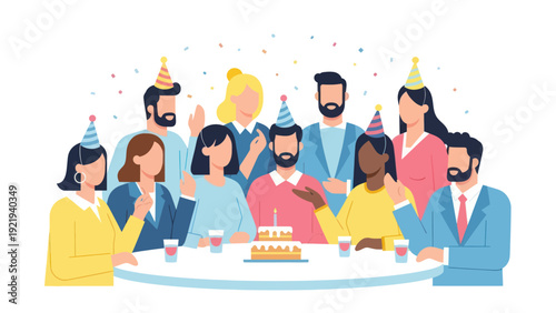 Diverse group of colleagues celebrating a birthday with cake and party hats in an office setting.